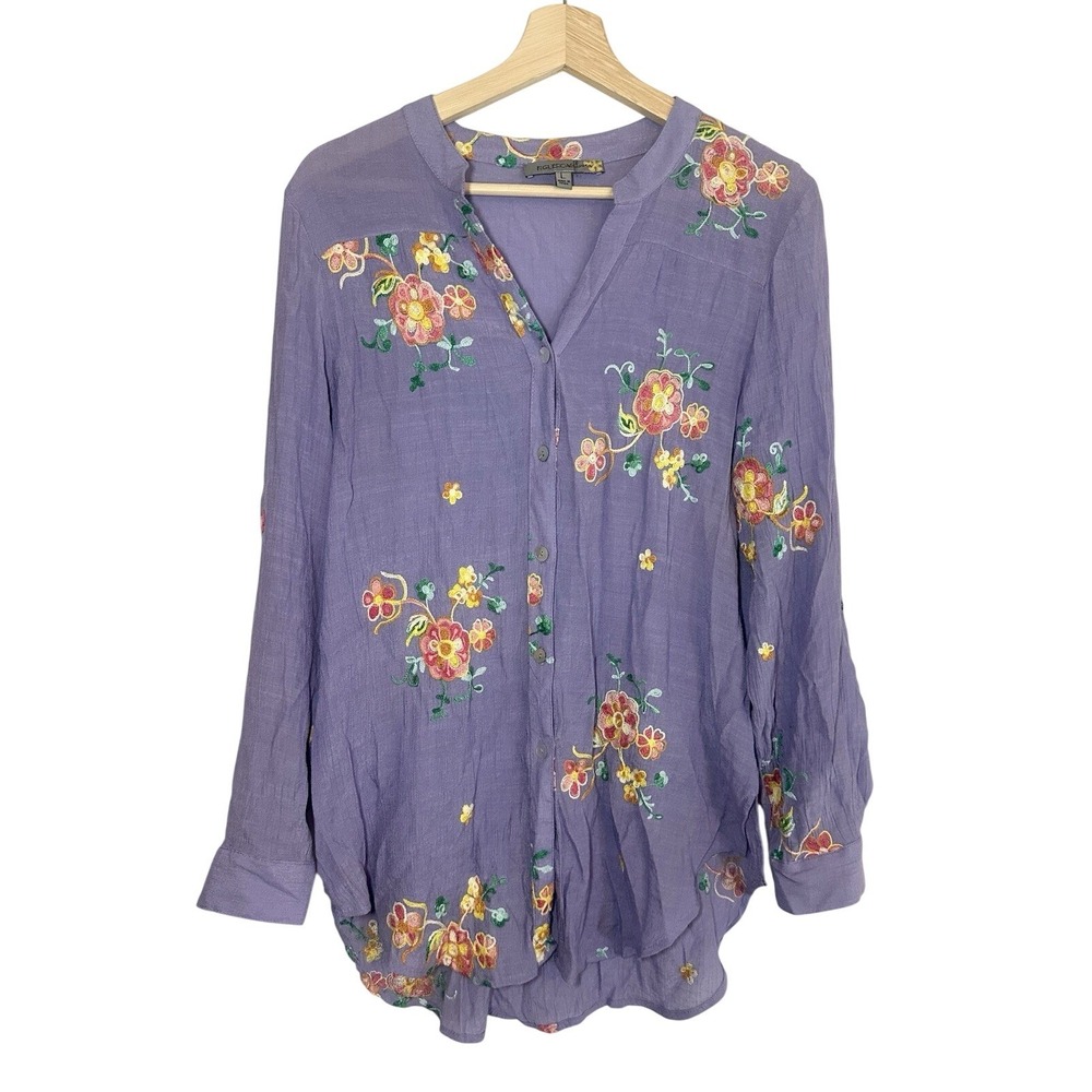 Figueroa & Flower Women's LARGE Button Up Tunic Purple Floral Embroidered Boho